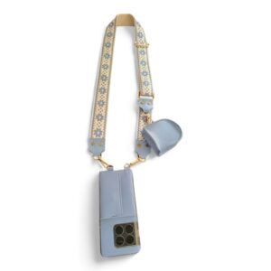 Personalized PASTEL BLUE JUTE PRINTED SLINGSHOT CANVAS  BELT WITH PHONE CASE
