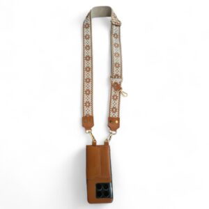 Personalized TAN BROWN JUTE PRINTED SLINGSHOT CANVAS  BELT WITH PHONE CASE