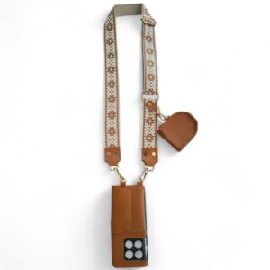 Personalized TAN BROWN JUTE PRINTED SLINGSHOT CANVAS  BELT WITH PHONE CASE